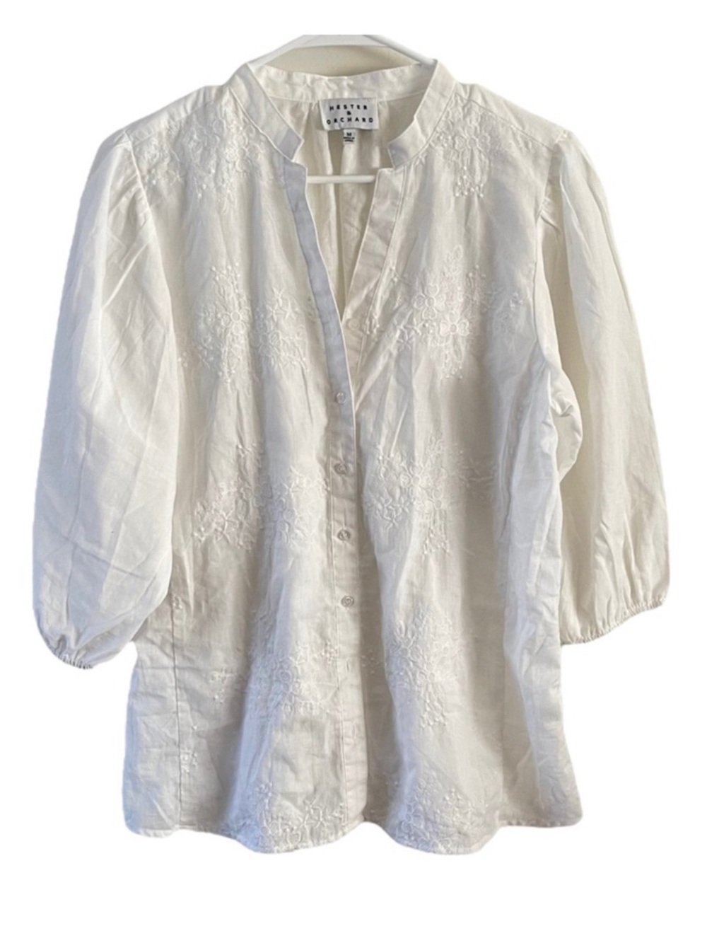 Hester & Orchard Anthropologie Embroidered Cotton Womens Button Down Shirt White